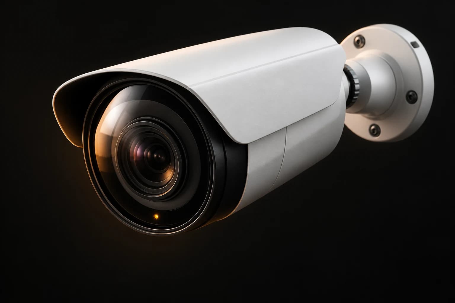 Caméra de surveillance blanche avec objectif de précision, sur fond sombre